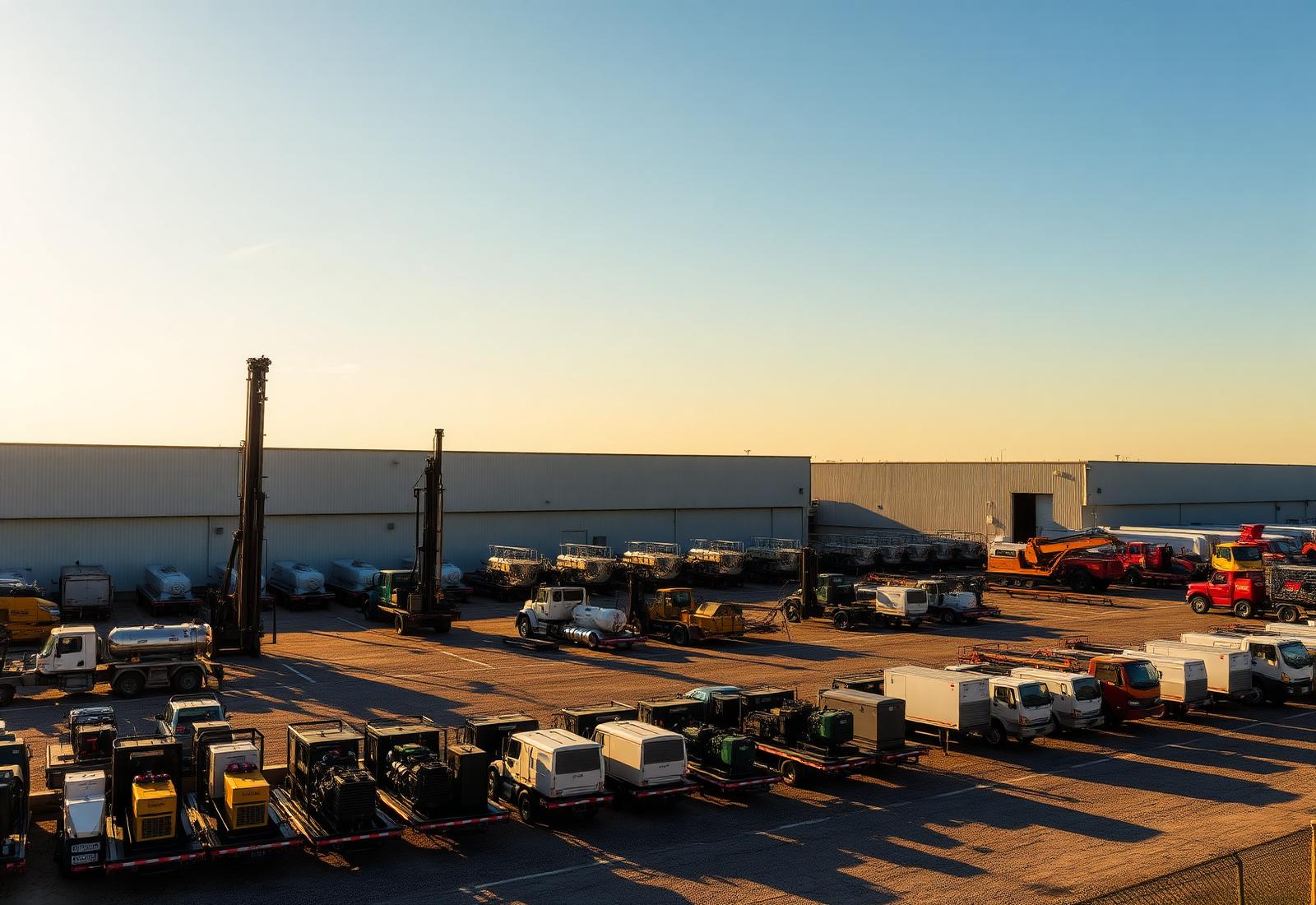 Heavy equipment leasing yard with drilling rigs, pumps and generators